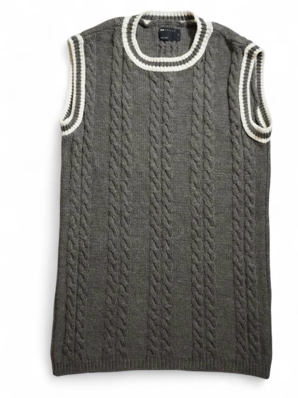 ASOS Gray Cable-Knit Sleeveless Vest with Cream Trim